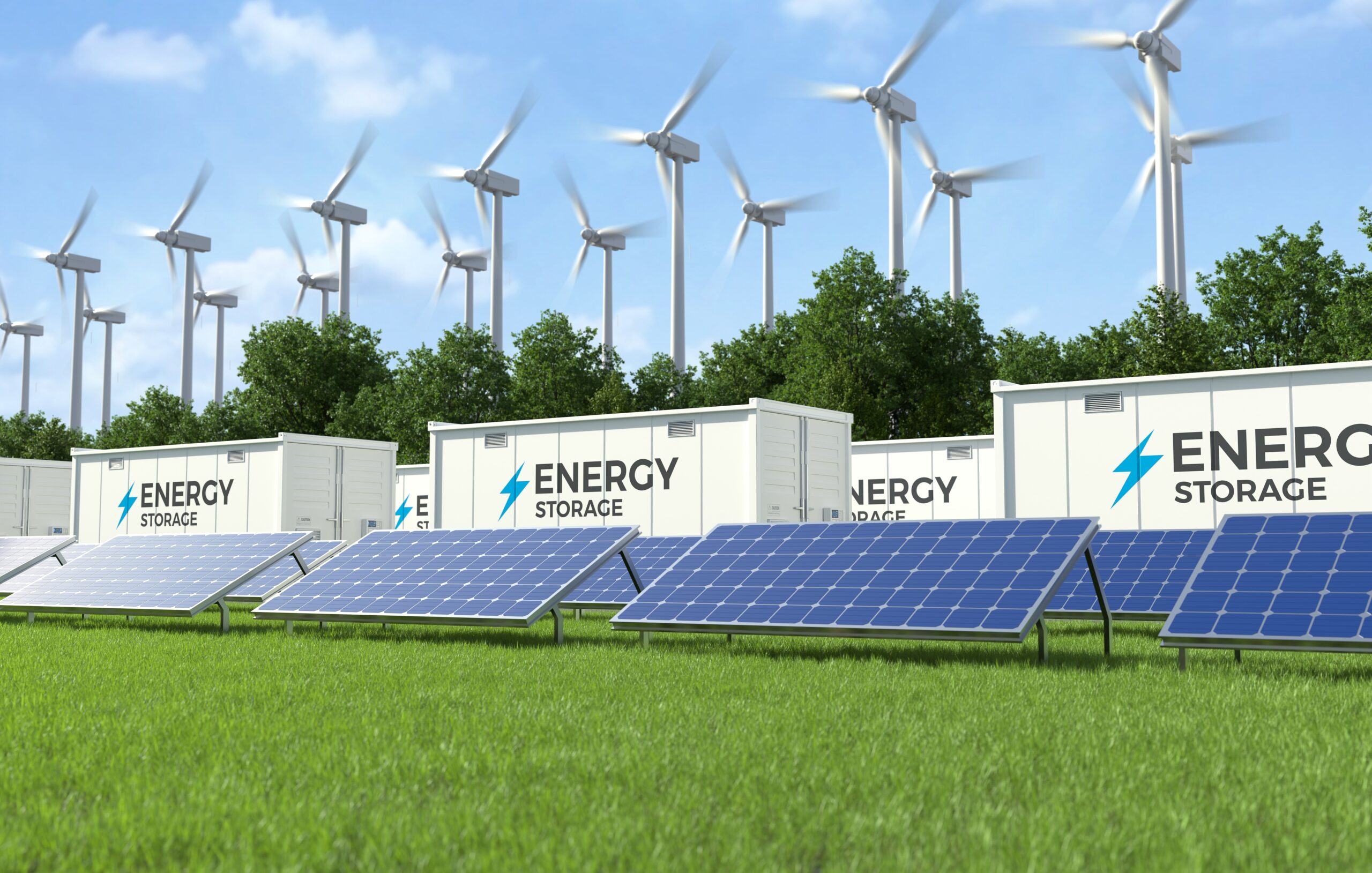 Energy,Storage,Systems,With,Wind,Turbines,And,Solar,Farms,,Solar Stationary Energy Storage
