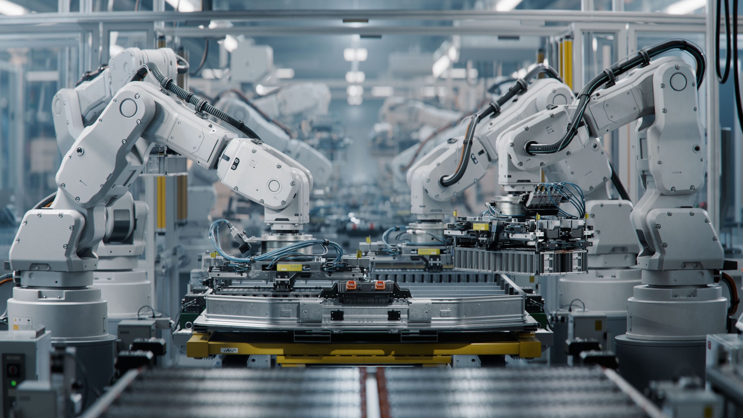 Row,Of,White,Robotic,Arms,At,Modern,Factory.,Lithium-ion,Ev Manufacturing